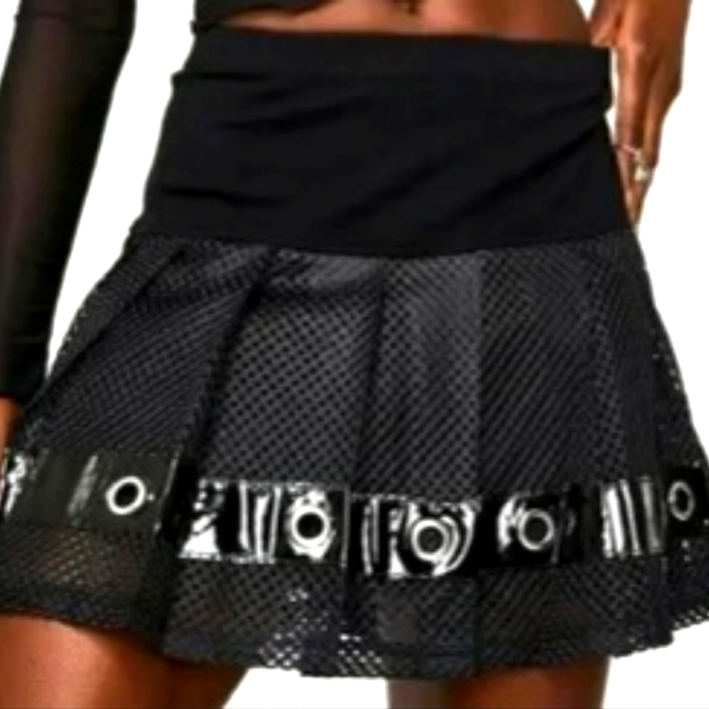 Tripp NYC Black Mesh Overlay PVC Trim Silver Grommet Pull On Mini Skirt
